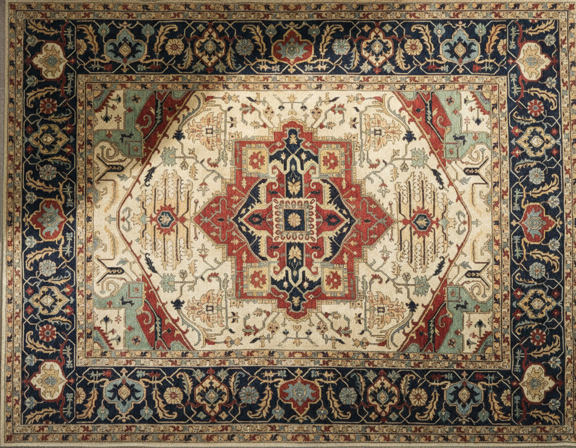 Magnificent Hand-Knotted Persian Inspired Heriz Mugal Medallion Carpet with Traditional Floral and Geometric Motifs in Red, Navy, and Ivory