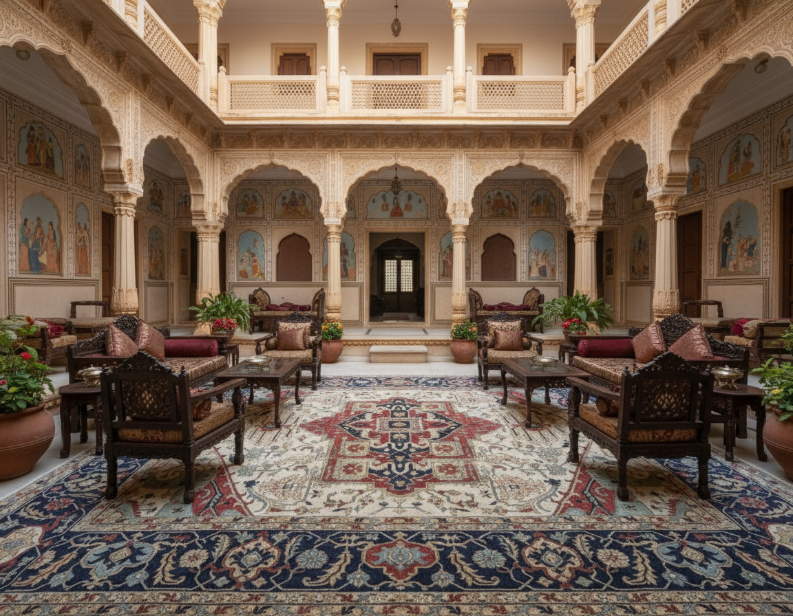 Magnificent Hand-Knotted Persian Inspired Heriz Mugal Medallion Carpet with Traditional Floral and Geometric Motifs in Red, Navy, and Ivory