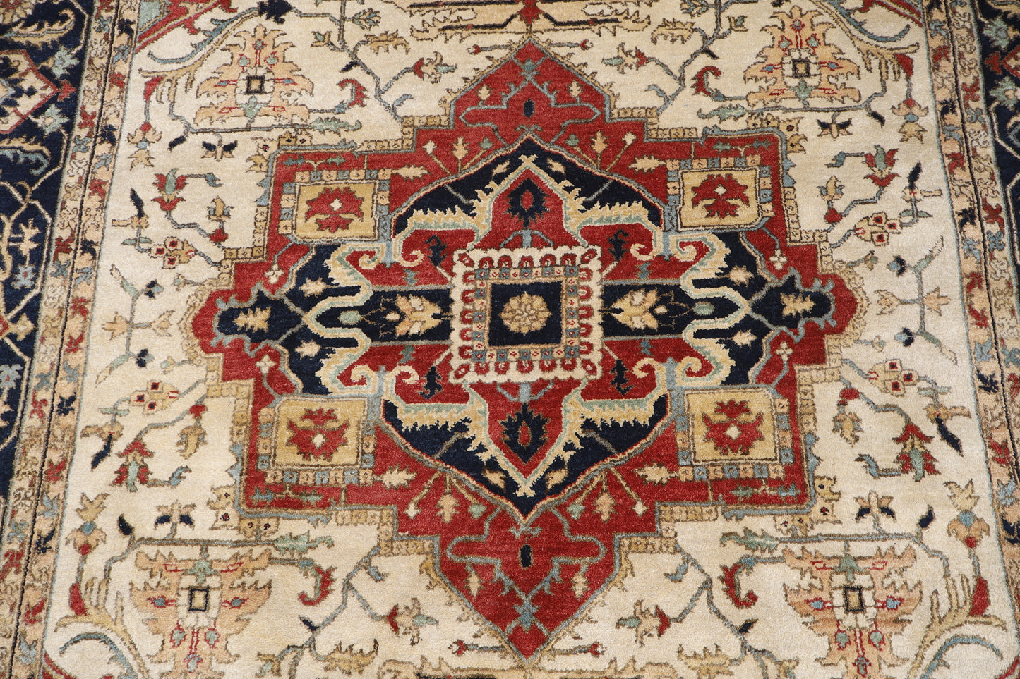 Magnificent Hand-Knotted Persian Inspired Heriz Mugal Medallion Carpet with Traditional Floral and Geometric Motifs in Red, Navy, and Ivory