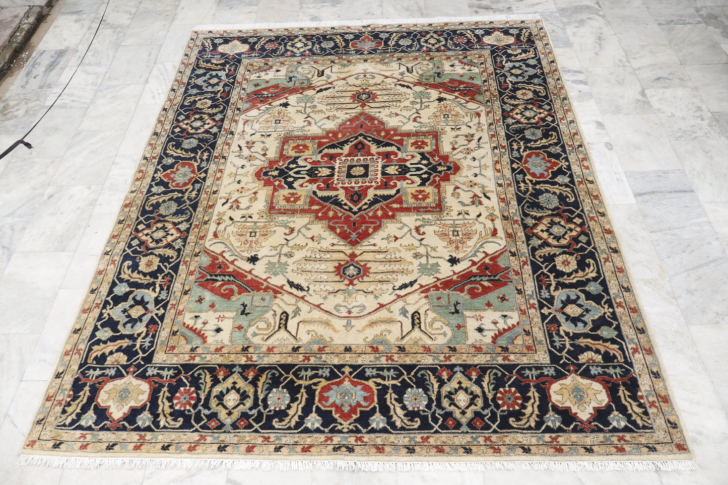Magnificent Hand-Knotted Persian Inspired Heriz Mugal Medallion Carpet with Traditional Floral and Geometric Motifs in Red, Navy, and Ivory