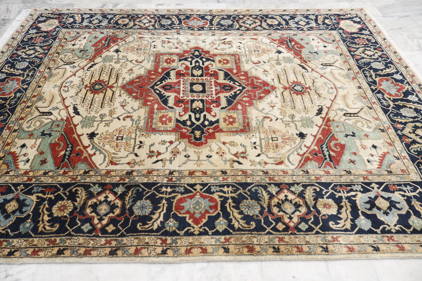 Magnificent Hand-Knotted Persian Inspired Heriz Mugal Medallion Carpet with Traditional Floral and Geometric Motifs in Red, Navy, and Ivory