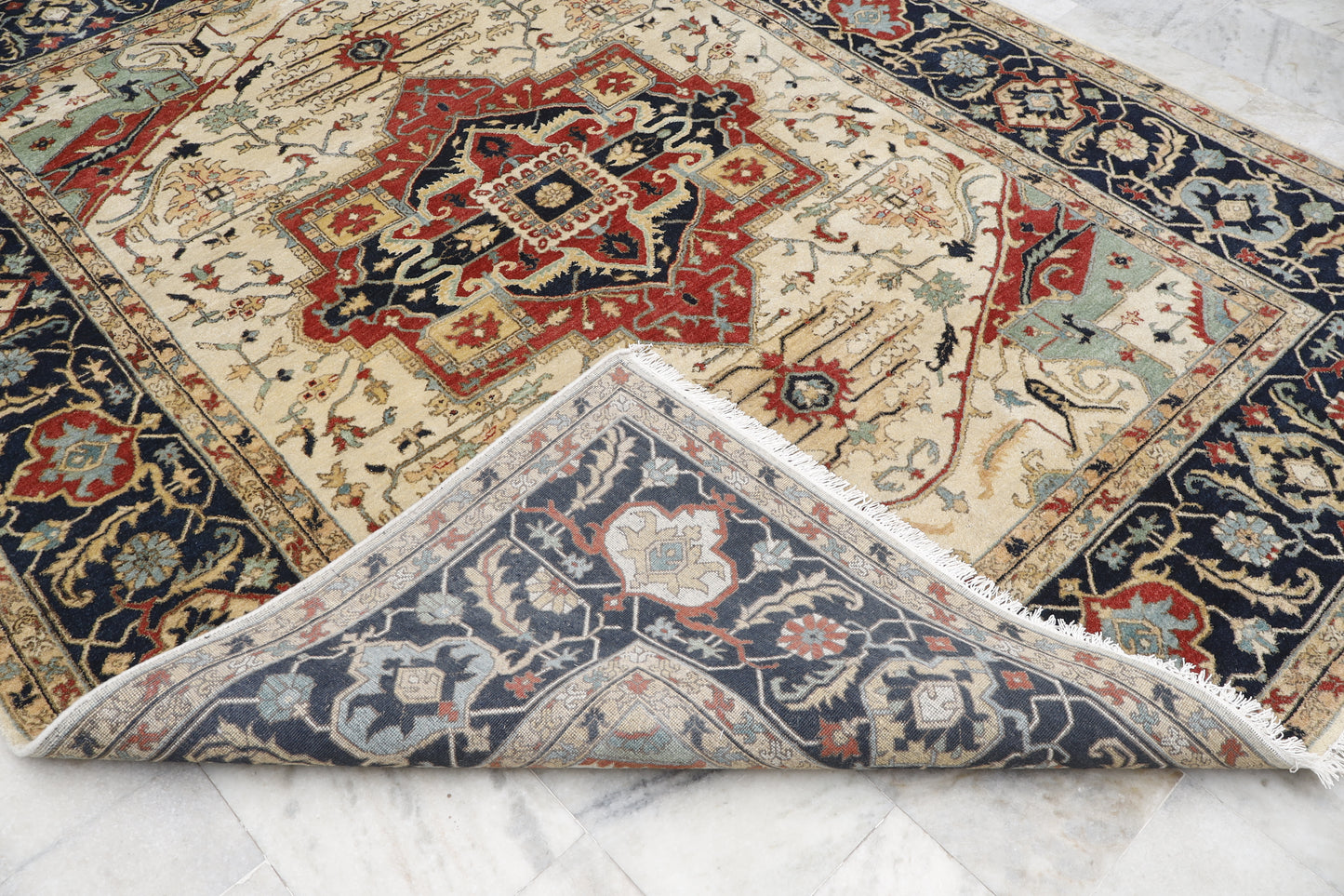 Magnificent Hand-Knotted Persian Inspired Heriz Mugal Medallion Carpet with Traditional Floral and Geometric Motifs in Red, Navy, and Ivory