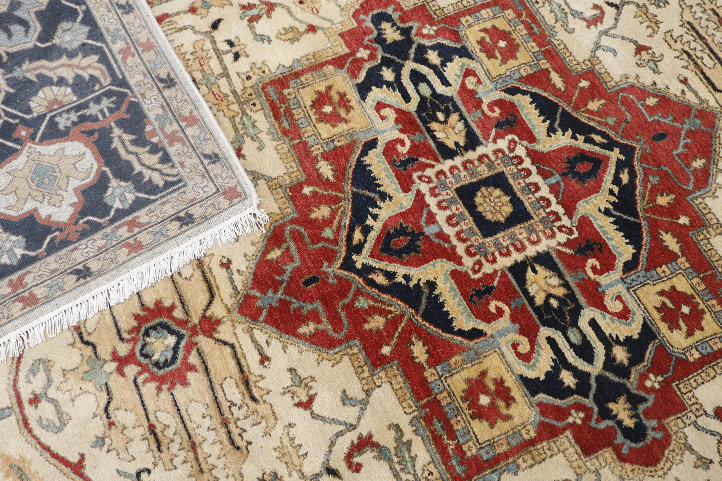 Magnificent Hand-Knotted Persian Inspired Heriz Mugal Medallion Carpet with Traditional Floral and Geometric Motifs in Red, Navy, and Ivory