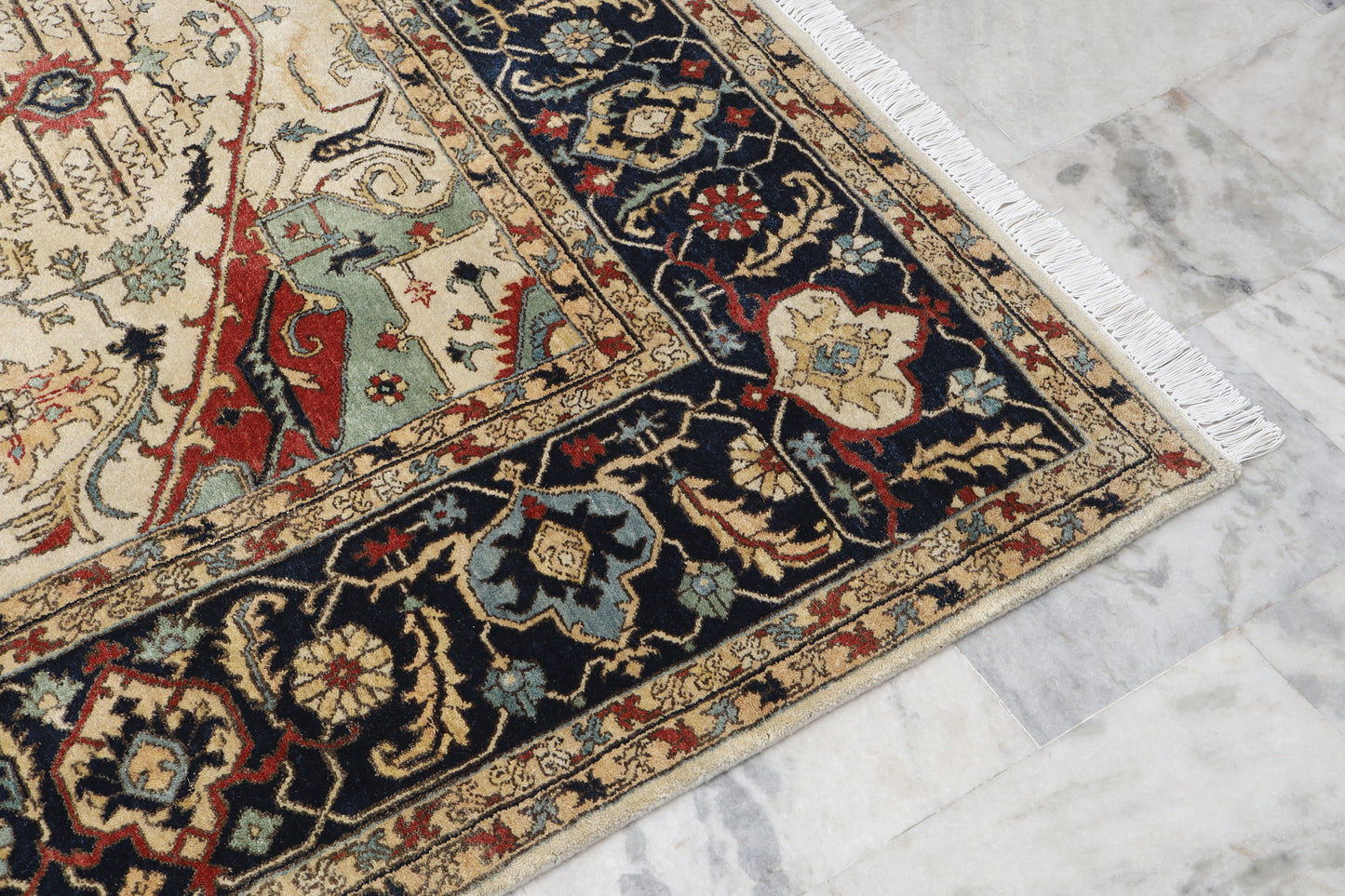 Magnificent Hand-Knotted Persian Inspired Heriz Mugal Medallion Carpet with Traditional Floral and Geometric Motifs in Red, Navy, and Ivory