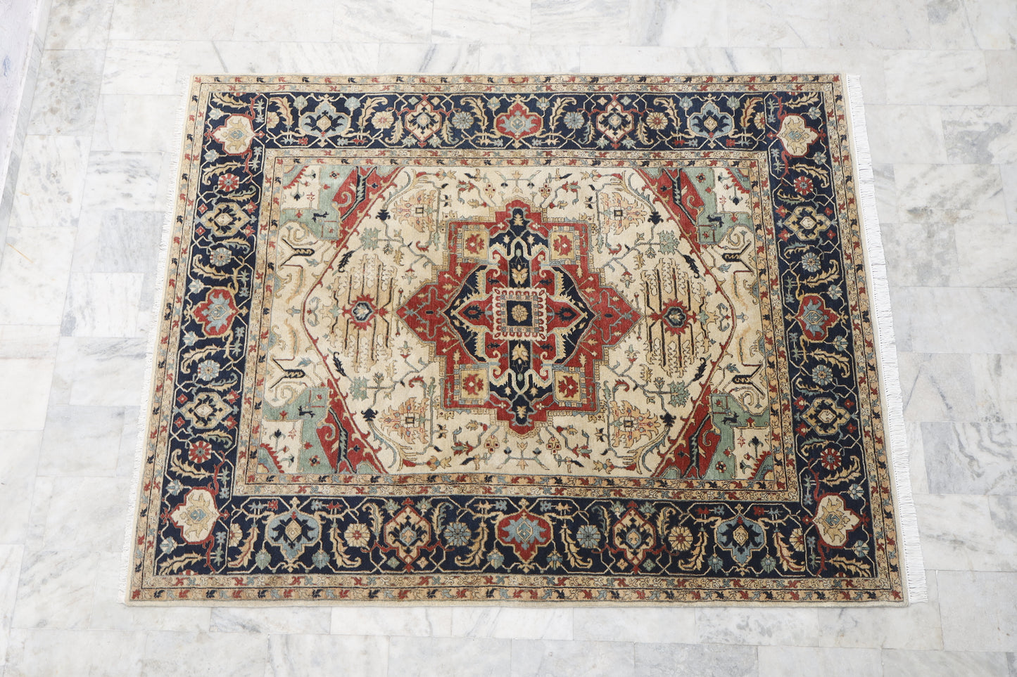 Magnificent Hand-Knotted Persian Inspired Heriz Mugal Medallion Carpet with Traditional Floral and Geometric Motifs in Red, Navy, and Ivory