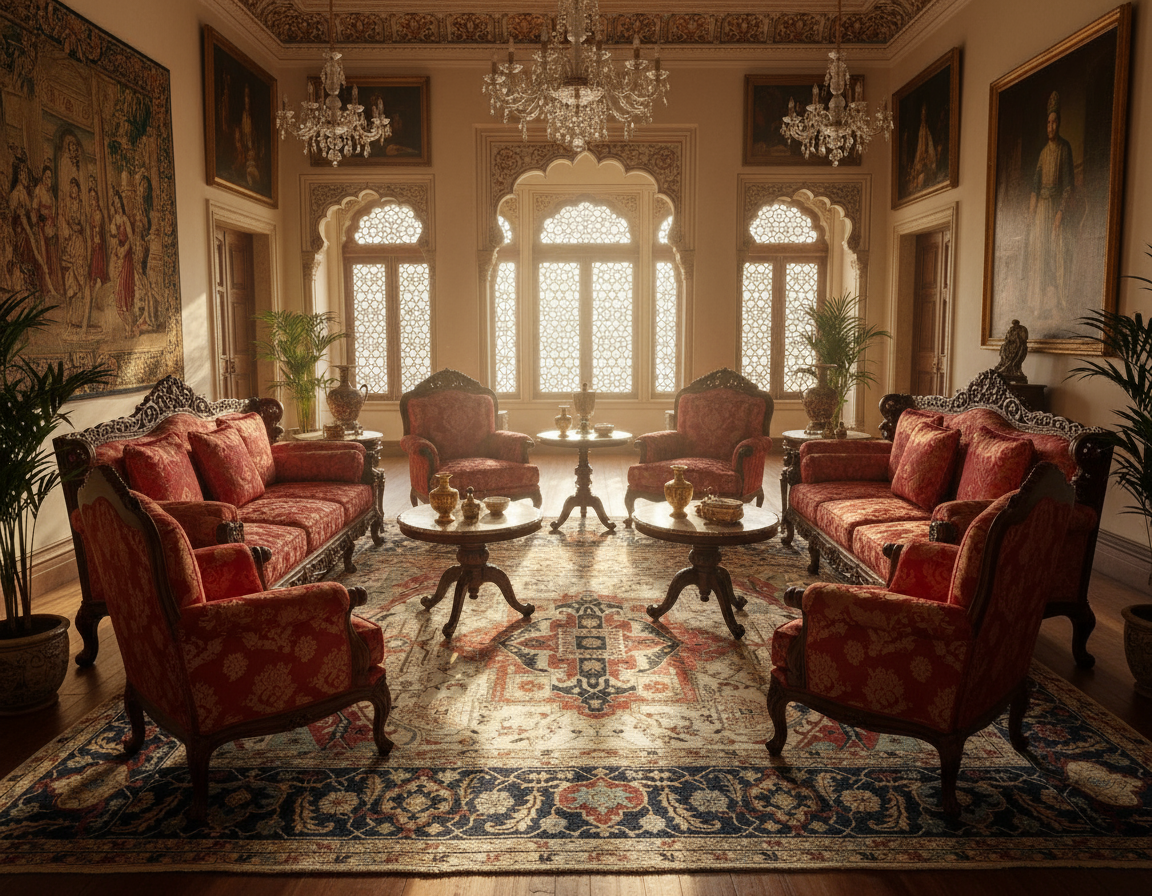 Magnificent Hand-Knotted Persian Inspired Heriz Mugal Medallion Carpet with Traditional Floral and Geometric Motifs in Red, Navy, and Ivory