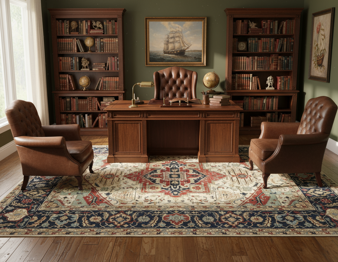 Magnificent Hand-Knotted Persian Inspired Heriz Mugal Medallion Carpet with Traditional Floral and Geometric Motifs in Red, Navy, and Ivory