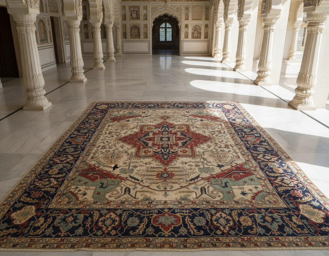 Magnificent Hand-Knotted Persian Inspired Heriz Mugal Medallion Carpet with Traditional Floral and Geometric Motifs in Red, Navy, and Ivory